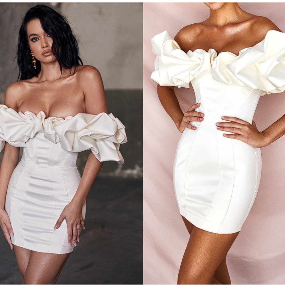 House of CB ‘Selena’ Ivory Satin Ruffle Strapless Mini Dress NWT - Picture 5 of 12